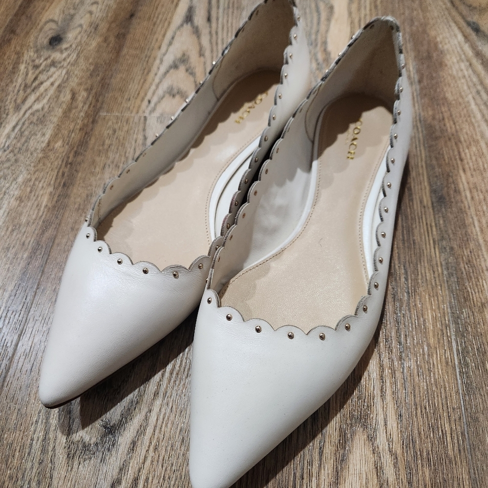 Coach cream flats with scallop and stud detail, size 10
